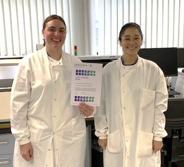 Laboratory technician Sam Marsh (L) and laboratory manager Dr Jen Canizales (R) celebrating the Silver LEAF award